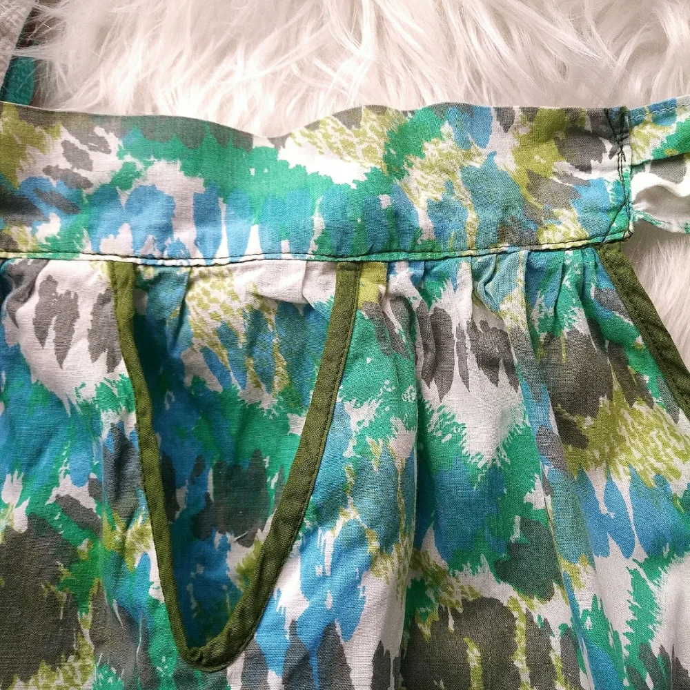 Vintage Handmade Half Tie Back Apron With Pockets 1960s Blue and Green Print